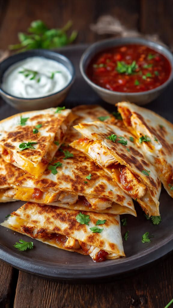 A grilled chicken quesadilla cut into wedges