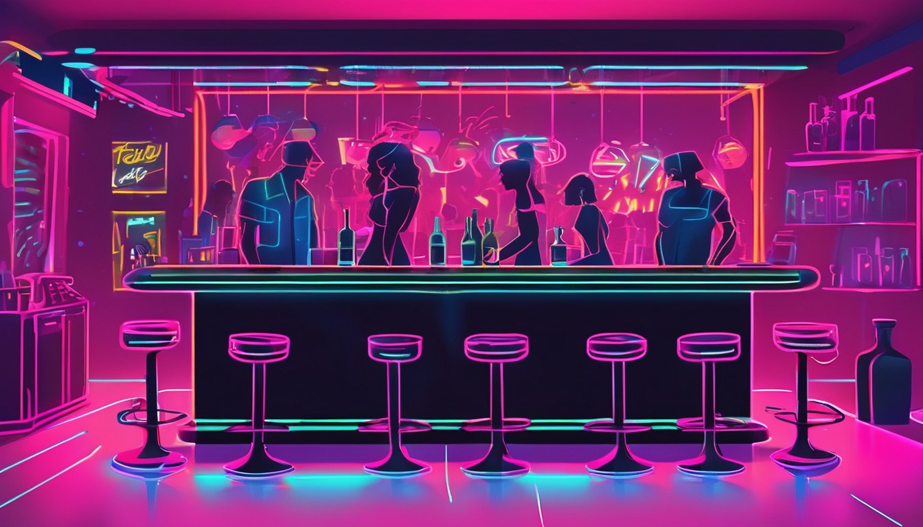Neon lights inside the bar at night