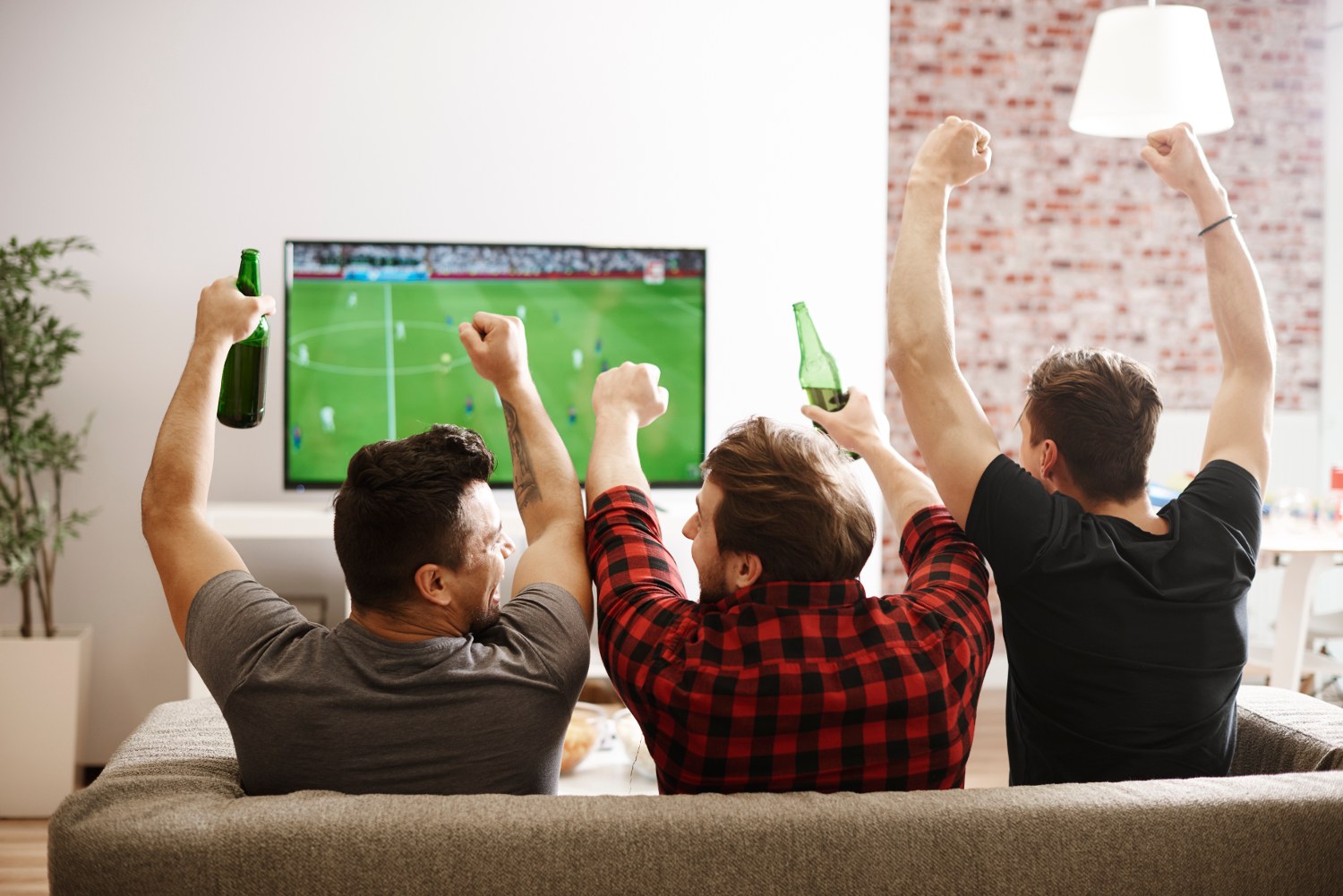 Friends celebrating while watching the game