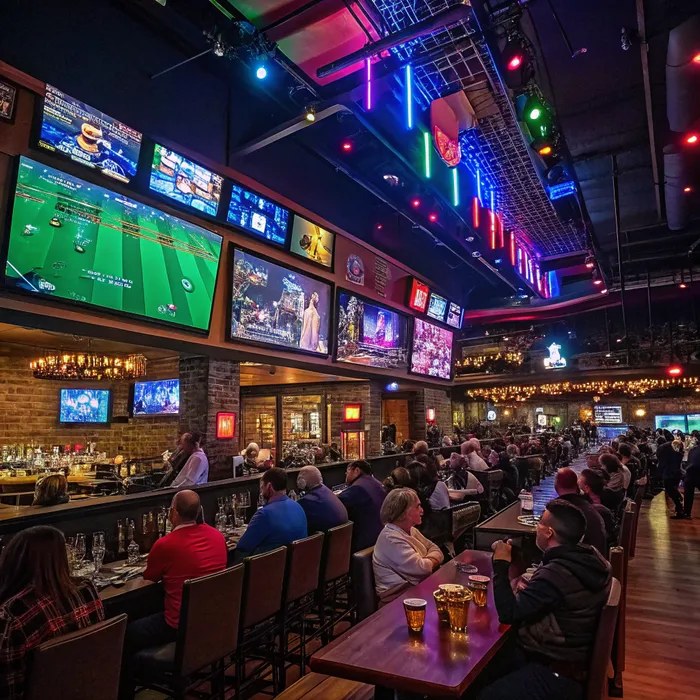 A packed sports bar with a wall of big screens showing the game